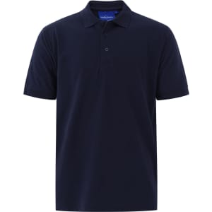 A navy blue men's cotton stretch polo shirt featuring a classic collar and three-button placket. It has a logo on the chest.