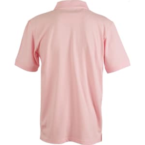 A pink polo shirt with a collar and short sleeves, featuring a logo on the back.