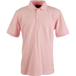 A light pink polo shirt with a collar and three buttons, featuring a logo on the chest.