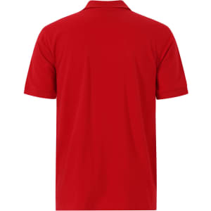 A red men's cotton stretch polo shirt with short sleeves and a collar, featuring a logo on the chest.