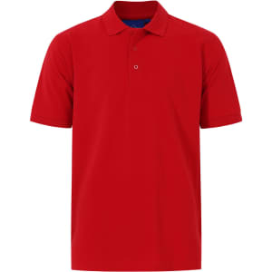 A red men's cotton stretch polo shirt, featuring a collar and short sleeves, with a small logo on the chest.