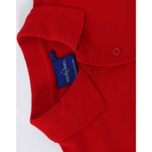 A red men's cotton stretch polo shirt with a folded collar and a visible label.