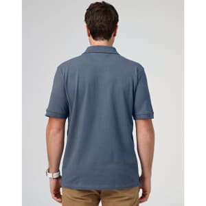 Men's cotton stretch polo in a blue hue, featuring a classic collar and short sleeves; includes a logo.