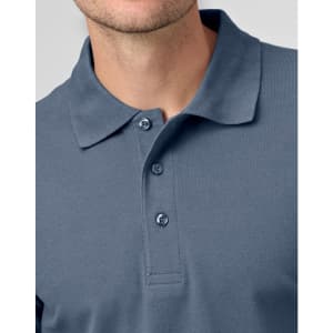 A men's cotton stretch polo shirt in a muted blue colour featuring a classic collar and button placket.