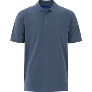 A navy blue men's cotton stretch polo shirt with a collar and three buttons, featuring a logo.