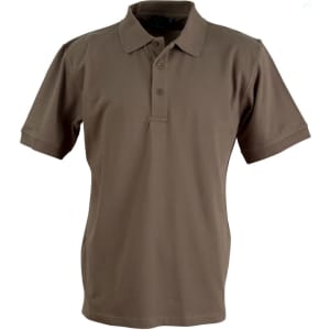 A brown polo shirt with a classic collar and three buttons, featuring a logo on the chest.