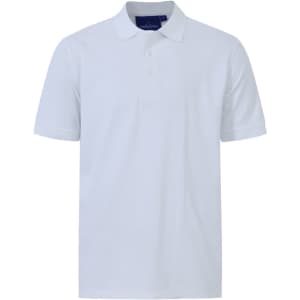 A white men's cotton stretch polo shirt with a classic collar and short sleeves, featuring a logo on the chest.
