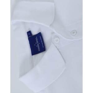 A white men's cotton stretch polo shirt with a collar, featuring three buttons and a branded tag.