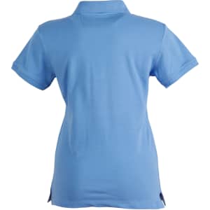 A light blue polo shirt with a collar and short sleeves, featuring side slits and a logo.