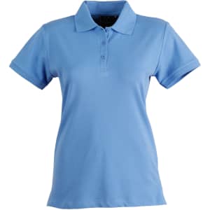 A light blue ladies' polo shirt with a collar and three buttons, featuring a logo on the chest.