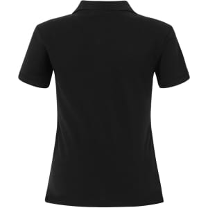 A black ladies cotton stretch polo shirt with short sleeves and a collar, displaying a logo on the back.