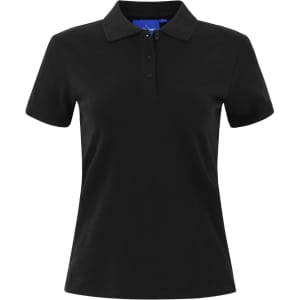A black ladies cotton stretch polo shirt featuring a classic collar and a three-button placket. Includes a logo.