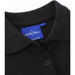 A black ladies cotton stretch polo shirt featuring a collar and buttons, with a logo tag on the inside.