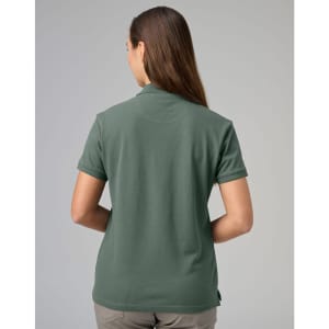 A ladies cotton stretch polo in a muted green colour, featuring a simple design with a logo on the back.