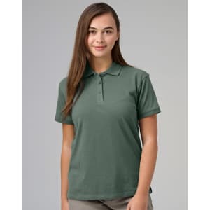 A women's cotton stretch polo in dark green, featuring a collar and a logo on the chest.