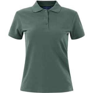 A ladies cotton stretch polo in a dark green hue, featuring a collared neck and button-up front.
