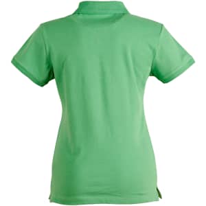 A green ladies' polo shirt featuring a collar and short sleeves, with side slits and a logo on the back.