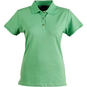 A green ladies' polo shirt featuring a collar and three buttons, with a logo on the chest.