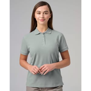 A light grey ladies cotton stretch polo shirt with a classic collar and three-button placket. Features a logo.
