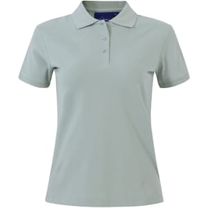 A ladies cotton stretch polo in a light green shade, featuring a collar and a button-up front. It has a logo.