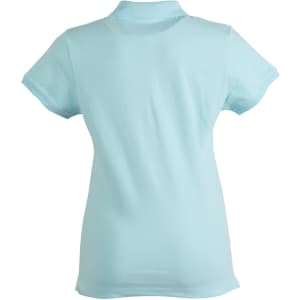 A light blue polo shirt with a classic collar and short sleeves, featuring a logo on the front.