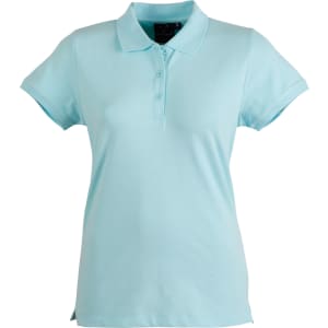 A light blue polo shirt with a collar and short sleeves, featuring a button placket and a logo.
