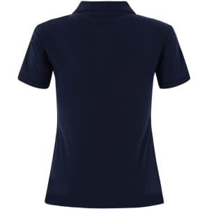 A navy ladies cotton stretch polo shirt featuring a classic polo collar and short sleeves. It has a logo on the front.