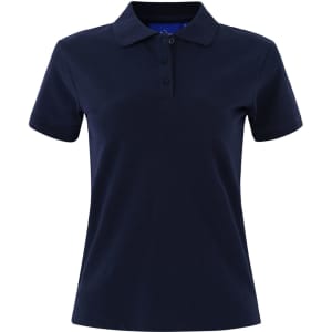 A ladies cotton stretch polo shirt in navy blue with a classic collar and a button placket. Features a small logo.