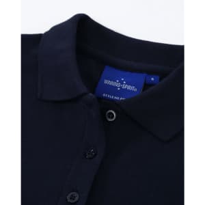 A navy ladies cotton stretch polo shirt featuring a classic collar and buttons, with a logo label inside.