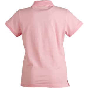 A pink polo shirt with a collar and short sleeves, featuring a logo on the side.