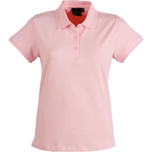 A pink ladies' polo shirt with a collar and three-button placket, featuring a logo on the chest.