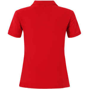 A red ladies cotton stretch polo shirt with a collar and short sleeves, featuring a logo.
