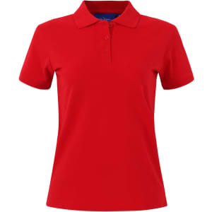 A red ladies cotton stretch polo shirt with a collar and three-button placket. It features a logo on the chest.