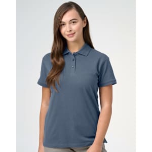 A ladies cotton stretch polo in a soft blue colour, featuring a collar and short sleeves. The garment has a logo.