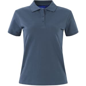 A ladies cotton stretch polo in a navy blue colour, featuring a collar and three-button placket. It has a logo.