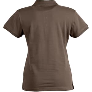 A brown ladies' polo shirt featuring a classic collar and short sleeves, with a logo on the side.