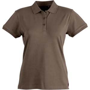 A brown ladies' polo shirt with a collar, three buttons, and short sleeves. It features a logo on the chest.