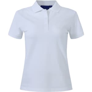 A white ladies cotton stretch polo shirt with a collar and a three-button placket. Features a logo on the chest.