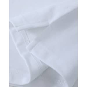 A close-up of a white cotton stretch polo shirt, featuring stitched hem and sleeve details. It has a logo.