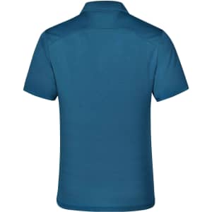 A short-sleeved polo shirt in a deep teal colour, featuring a collar and a logo on the back.