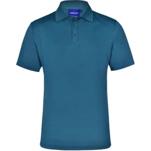 A teal men's polo shirt with a collar and three buttons, featuring shoulder panels and a logo.