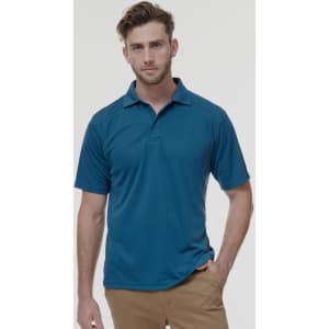 A men's polo shirt in a rich blue colour, featuring a classic collar and short sleeves, with a logo on the chest.