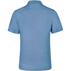 A blue polo shirt with a collar and short sleeves, featuring a logo on the back.
