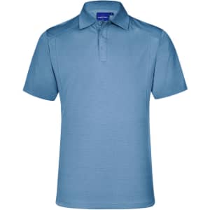 A blue men's polo shirt with a classic collar and a three-button placket. It features branding on the inside collar.