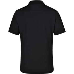 A back view of a black polo shirt featuring a collar and short sleeves, with a logo on the fabric.