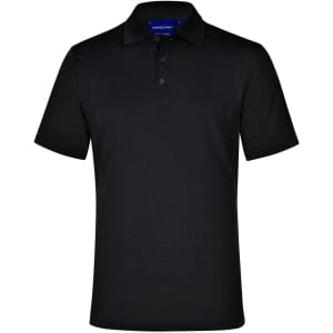 A black polo shirt with a buttoned collar and short sleeves, featuring a logo on the chest.
