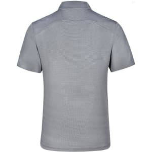 A grey men's polo shirt with a stylish design, featuring a collar and short sleeves. It has a logo present.