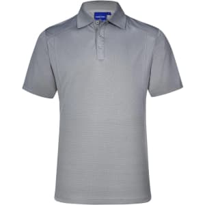 A grey men's polo shirt with a collar, buttons, and a logo on the chest.