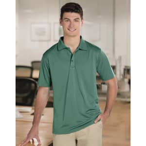 A green men's polo shirt featuring a classic design and a logo. Suitable for casual or semi-formal wear.