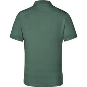 A green men's polo shirt with a classic collar and a logo on the back.